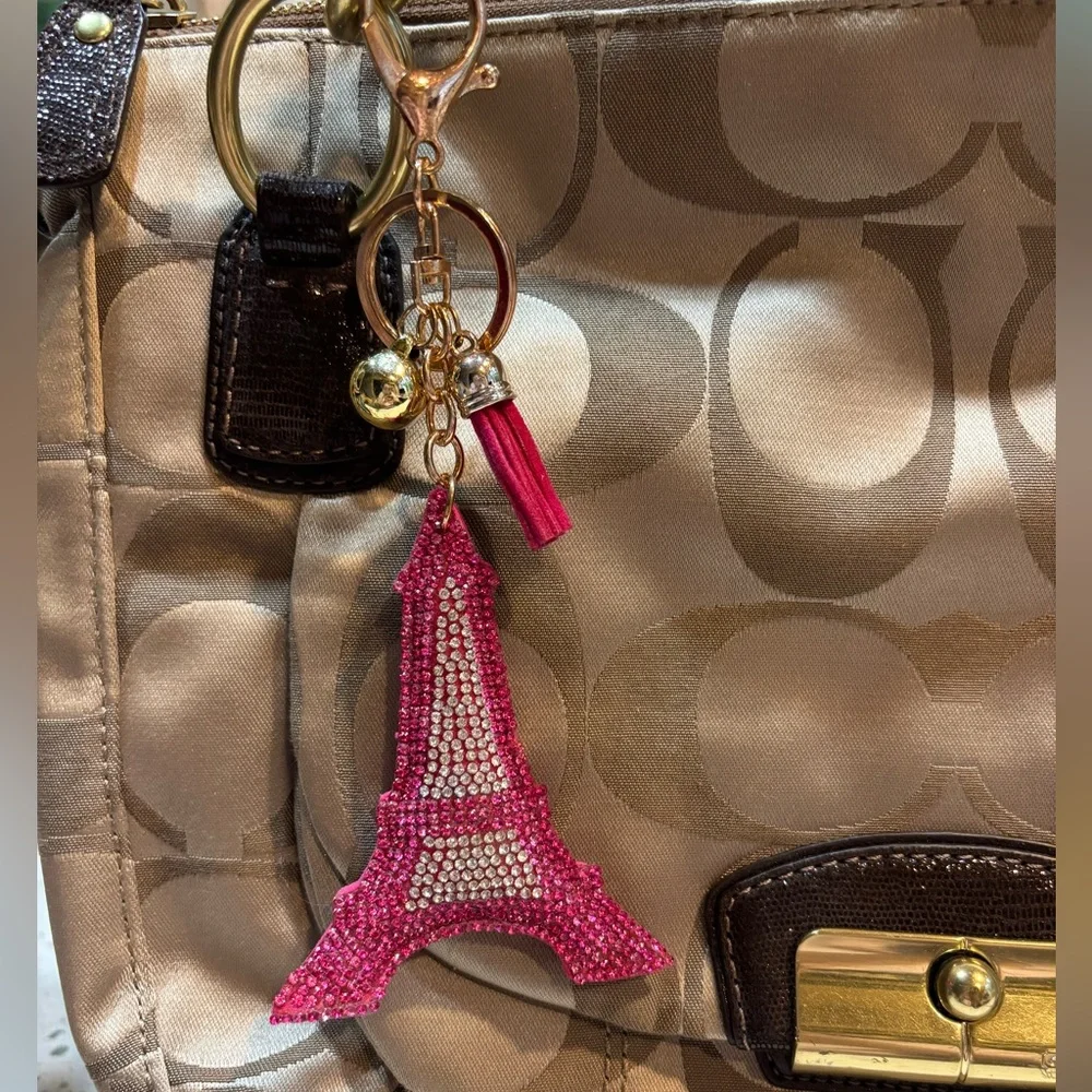 Pink Eiffel Tower‎ Keychain or Handbag Charm with Gold Accents
